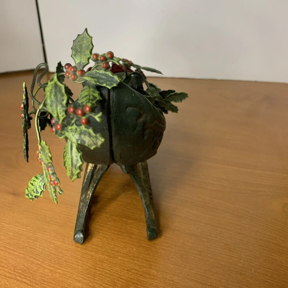 Vintage Cast Iron Christmas Sleigh Candle Holder With Metal Holly